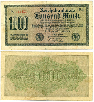 ГЕРМАНИЯ 1000 МАРОК 1922 15 СЕНТЯБРЯ 1922, ВОДЯНОЙ ЗНАК H, БЕЛАЯ БУМАГА Pick 76f бумага 6262-1-1-1