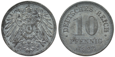 Германия 10 пфеннигов 1922 KM 26, J. 299, Weege 8 цинк 4119-426