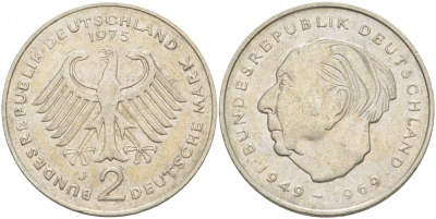 ФРГ 2 МАРКИ 1975 J, ТЕОДОР ХОЙС KM 127, J. 407 медно-никель плакированный никелем 3718-1126
