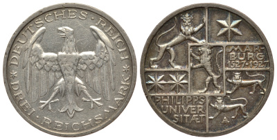 Германия 3 марки 1927 A, 400 лет Университету Марбурга J. 330, KM 53 серебро 00-812-05