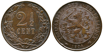 НИДЕРЛАНДЫ 2 1/2 ЦЕНТА 1904 KM 134 бронза 3999-235