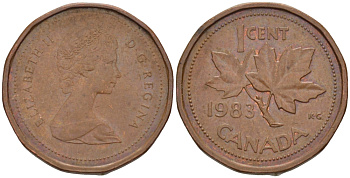 КАНАДА 1 ЦЕНТ 1983 КЛЕНОВЫЙ ЛИСТ, ЕЛИЗАВЕТА II KM 132 бронза 57-1253