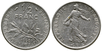 ФРАНЦИЯ 1/2 ФРАНКА 1968 KM 931.1 никель 93-1352