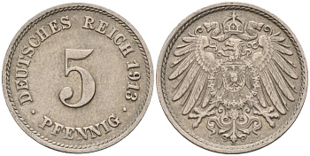 Германия 5 пфеннигов 1913 F KM 11, J. 12 медно-никель 4151-542