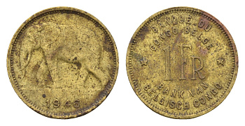 Бельгийское Конго 1 франк 1946 слон, Леопольд III KM 26 латунь 4669-419