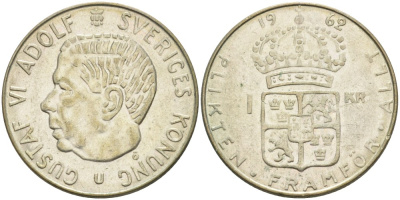 Швеция 1 крона 1962 U, Густав VI Адольф (1950-1973) KM 826 серебро 4610-612