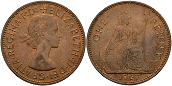 Великобритания 1 пенни 1967 Елизавета II (1952-2022) KM 897, Spink 4157 бронза 189-615