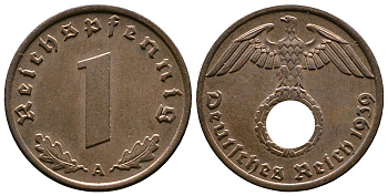 Германия 1 рейхспфенниг 1939 A KM 89, J. 361 бронза    220-342