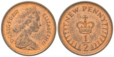 Великобритания 1/2 новый пенни 1971 Елизавета II (1952-2022) KM 914, Spink 4239 бронза UNC 4151-254