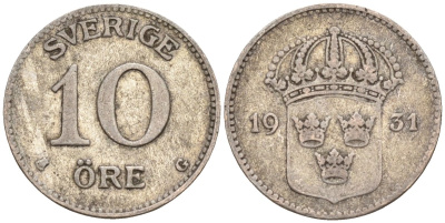 Швеция 10 эре 1931 G, Густав V (1907-1950) KM 780 серебро 4147-836