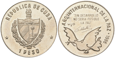 Куба 1 песо 1986 международный год мира KM 156 медно-никель PROOF 4165-424
