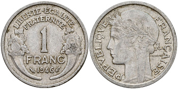 Франция 1 франк 1946 KM 885a.2 алюминий 4150-836