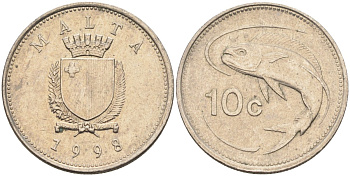 Мальта 10 центов 1998 золотая макрель KM 96 медно-никель 4588-247