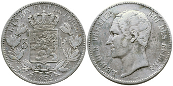 Бельгия 5 франков 1852 Леопольд I (1831-1865) KM 17 серебро 00-1067-5-41