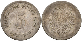 Германия 5 пфеннигов 1874 A, старогербовка KM 3, J. 3 медно-никель 4151-347