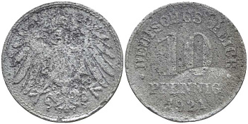 ГЕРМАНИЯ 10 ПФЕННИГОВ 1921 KM 26, J. 299 цинк 4401-912