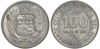 Перу 100 солей 1980 KM 283 медно-никель aUNC 4367-716