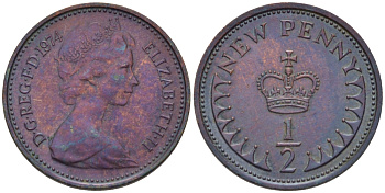 Великобритания 1/2 пенни 1974 Елизавета II (1952-2022) KM 914, Spink 4239 бронза 66-453