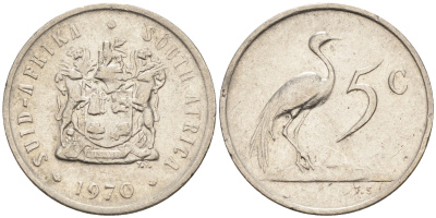 ЮАР 5 центов 1970 герб, райский журавль KM 84 никель 4115-211