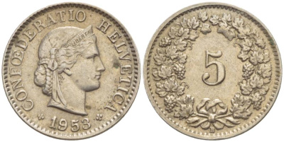 ШВЕЙЦАРИЯ 5 РАППЕНОВ 1953 В KM 26 медно-никель 4532-947