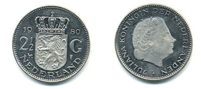 Нидерланды 2 1/2 гульдена 1980 Юлиана (1948-1980) KM 191 никель UNC 80-145