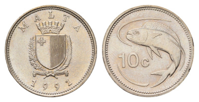 Мальта 10 центов 1991 золотая макрель KM 96 медно-никель UNC 4657-617