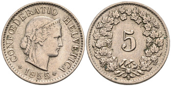 Швейцария 5 раппенов 1955 В KM 26 медно-никель 4564-963