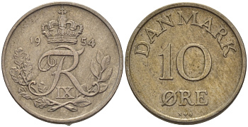 ДАНИЯ 10 ЭРЕ 1954 N; S, ФРЕДЕРИК IX (1947-1972) KM 841.1 медно-никель 100-258