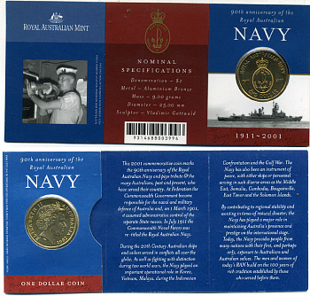 Австралия 1 доллар 2001 90 лет ВМС Австралии (1911-2001), в оригинальном буклете KM 588 алюминиевая бронза  UNC  00-00