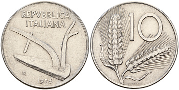 Италия 10 лир 1976 R, плуг KM 93 алюминий 4595-344