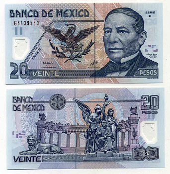 МЕКСИКА 20 ПЕСО 2001 СЕРИЯ D, 17 МАЯ 2001, БЕНИТО ДЖУАРЕС Pick 116а пластик UNC (ПРЕСС) 8589-55-2-1
