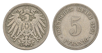 Германия 5 пфеннигов 1891 A, Вильгельм II (1888-1918) KM 11, J. 12 медно-никель 4639-1257