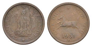 Индия 1 пайс 1951 монетный двор Ромб, лошадь KM 1.3 бронза 4649-344