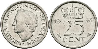 НИДЕРЛАНДЫ 25 ЦЕНТОВ 1948 ВИЛЬГЕЛЬМИНА KM 178 никель 96-112