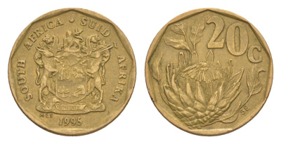 ЮАР 20 центов 1995 герб, цветок протея KM 136 сталь плакированная бронзой 4618-434