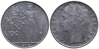 ИТАЛИЯ 100 ЛИР 1970 R, АФИНА KM 96.1 сталь 3334-945