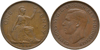 Великобритания 1 пенни 1948 Георг VI (1936-1952) KM 845, Spink 4114 бронза 115-434