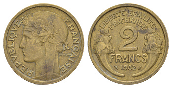 Франция 2 франка 1932 KM 886 алюминиевая бронза 83-623