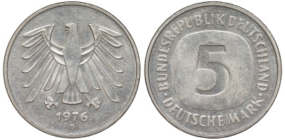 ФРГ 5 марок 1976 D KM 140.1 медно-никель 4137-1026
