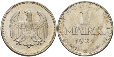 Германия 1 марка 1924 G KM 42, J. 311, Weege 14 серебро UNC 00-805-55