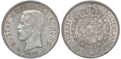 Швеция 2 кроны 1915 W, Густав V (1907-1950) KM 787 серебро 4178-1314