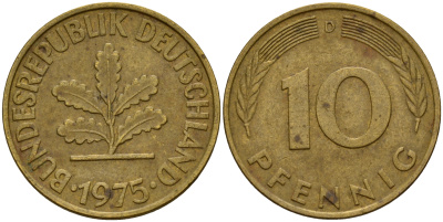 ФРГ 10 пфеннигов 1975 D J. 383, KM 108 сталь плакированная латунью    4603-424