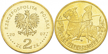 Польша 2 злотых 2007 серия история польской кавалерии, рыцарь XV века KM 611 латунь UNC M19-13