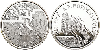 Финляндия 10 евро 2007 175 лет со дня рождения Нильс Адольфа Эрика Норденшёльда, первопроходец Северно-Восточного морского пути KM 134 серебро  PROOF  11-164-23