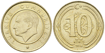 Турция 10 курушей 2018 KM 1241 медь цинк никель 4608-541