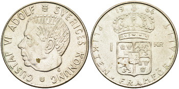 Швеция 1 крона 1964 U, Густав VI Адольф (1950-1973) KM 826 серебро 4126-827