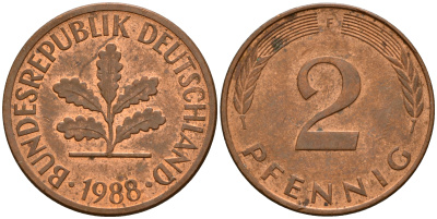 ФРГ 2 пфеннига 1988 F J.381a, KM 106a сталь плакированная медью    4598-921