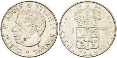 Швеция 1 крона 1964 U, Густав VI Адольф (1950-1973) KM 826 серебро 4126-827