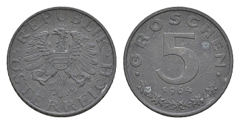 Австрия 5 грошей 1964 KM 2875 цинк 4567-454