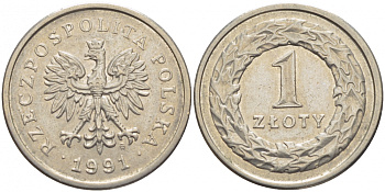 ПОЛЬША 1 ЗЛОТЫЙ 1991 MW KM 282 медно-никель 175-1157